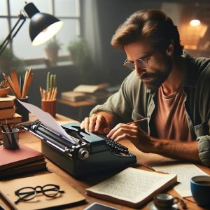 Focused screenwriter at desk with typewriter and coffee.