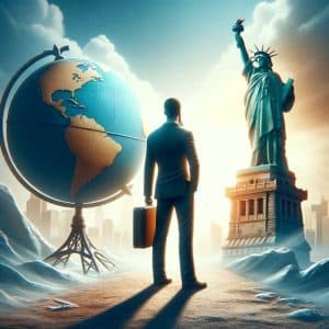 Man with suitcase deciding between a globe and the Statue of Liberty.